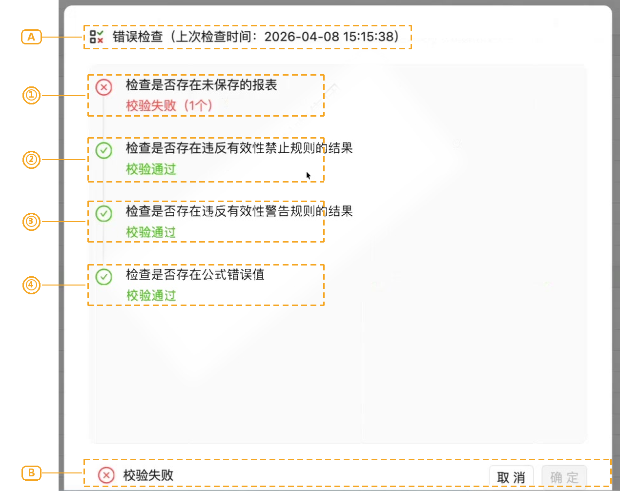 图 4　错误检查（A 标题与检查时间 · ①~④ 检查项 · B 底部结果与操作区）